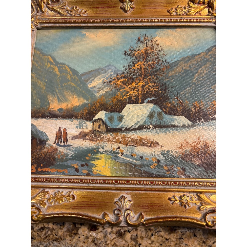 Simans Vintage Winter Mountain Landscape Oil Painting Ornate Gold Frame Holland - Picture 9 of 12